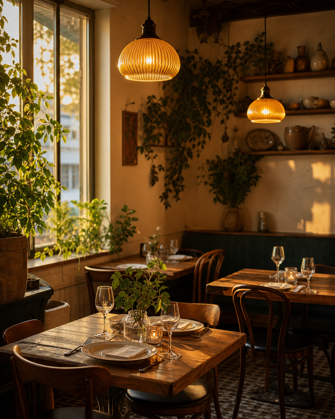 Warm restaurant dining room